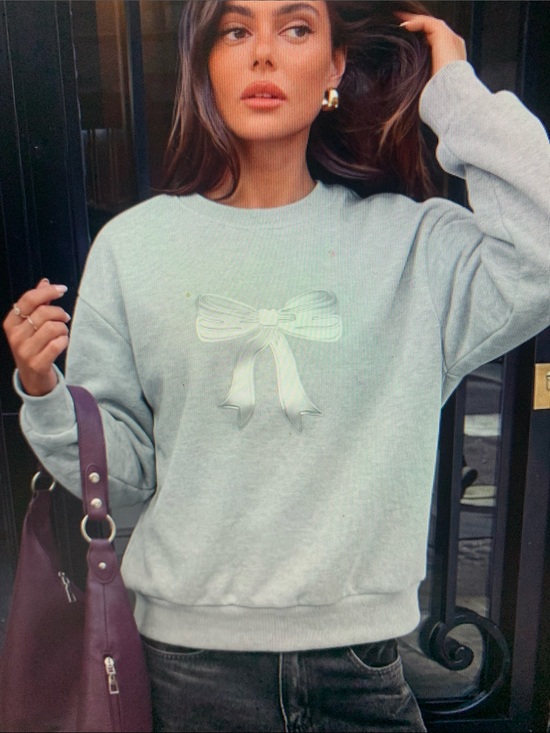 Sweaters - Classic Light Gray Bow Sweatshirt - Women Sweater